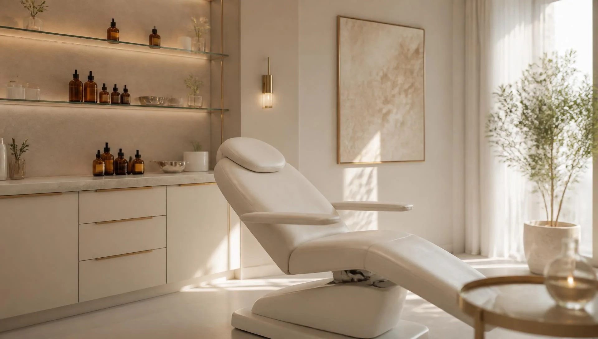 Ambiente clínico premium da INJECTOR, com luz natural suave e detalhes em tons champagne